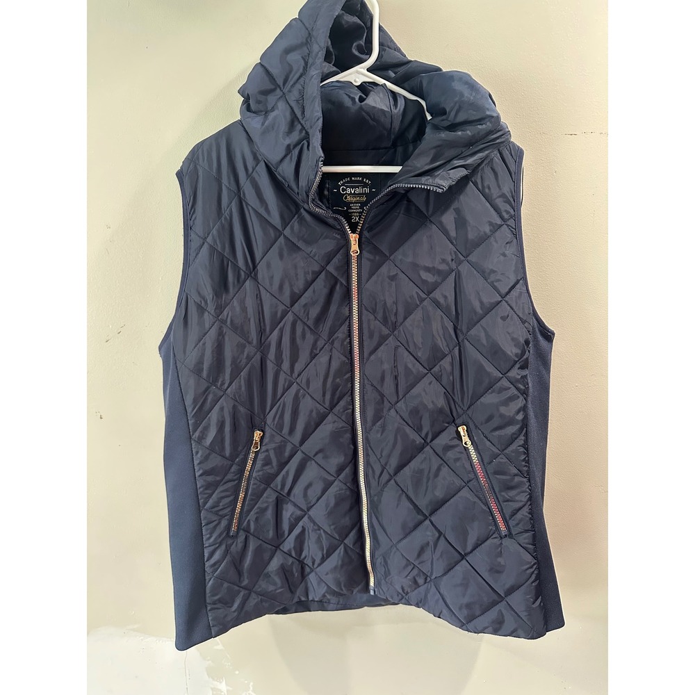 Cavalini Original Navy Blue Quilted Hooded Puffer Vest Rose Gold Zip Womens 2X